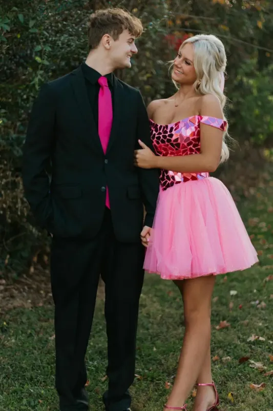 Glitter Pink Off the Shoulder A-Line Tulle Short Homecoming Dress sold by KissProm