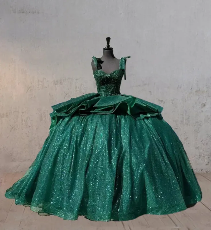 Ball-Gown Lace Emerald Green Glitters Quinceanera Dresses sold by KissProm