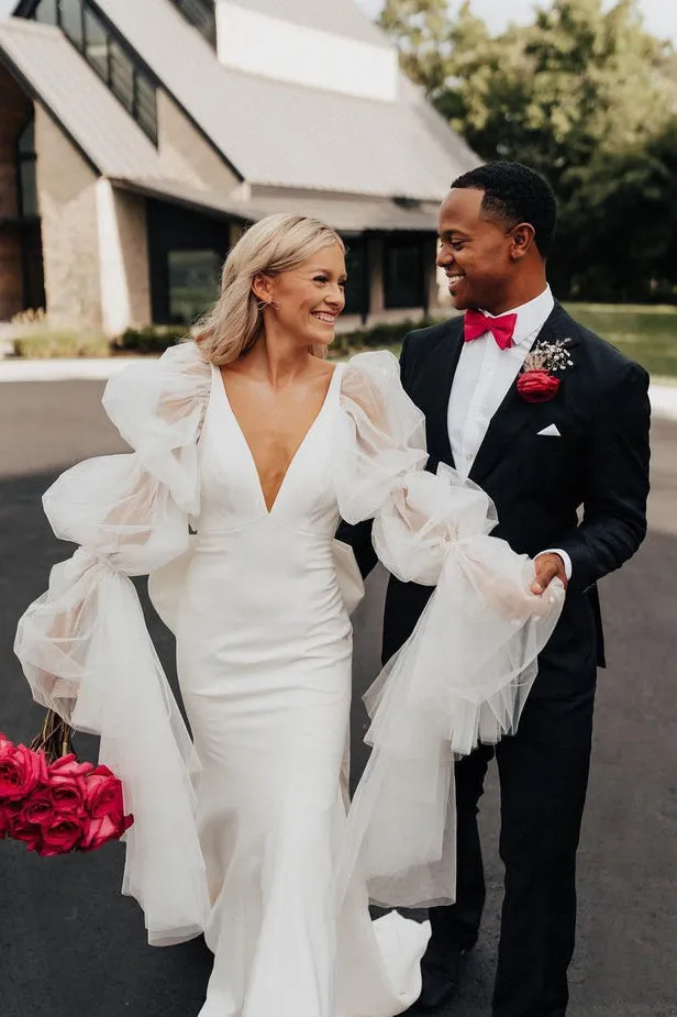 Fairy Mermaid Satin Long Wedding Dresses with Long Sleeves sold by KissProm