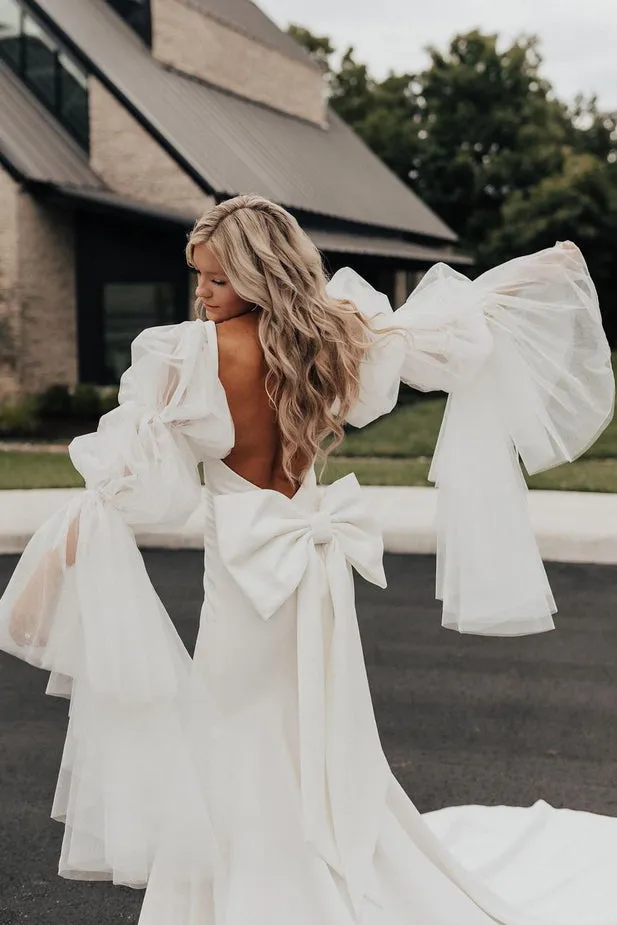 Fairy Mermaid Satin Long Wedding Dresses with Long Sleeves sold by KissProm product image thumbnail 2