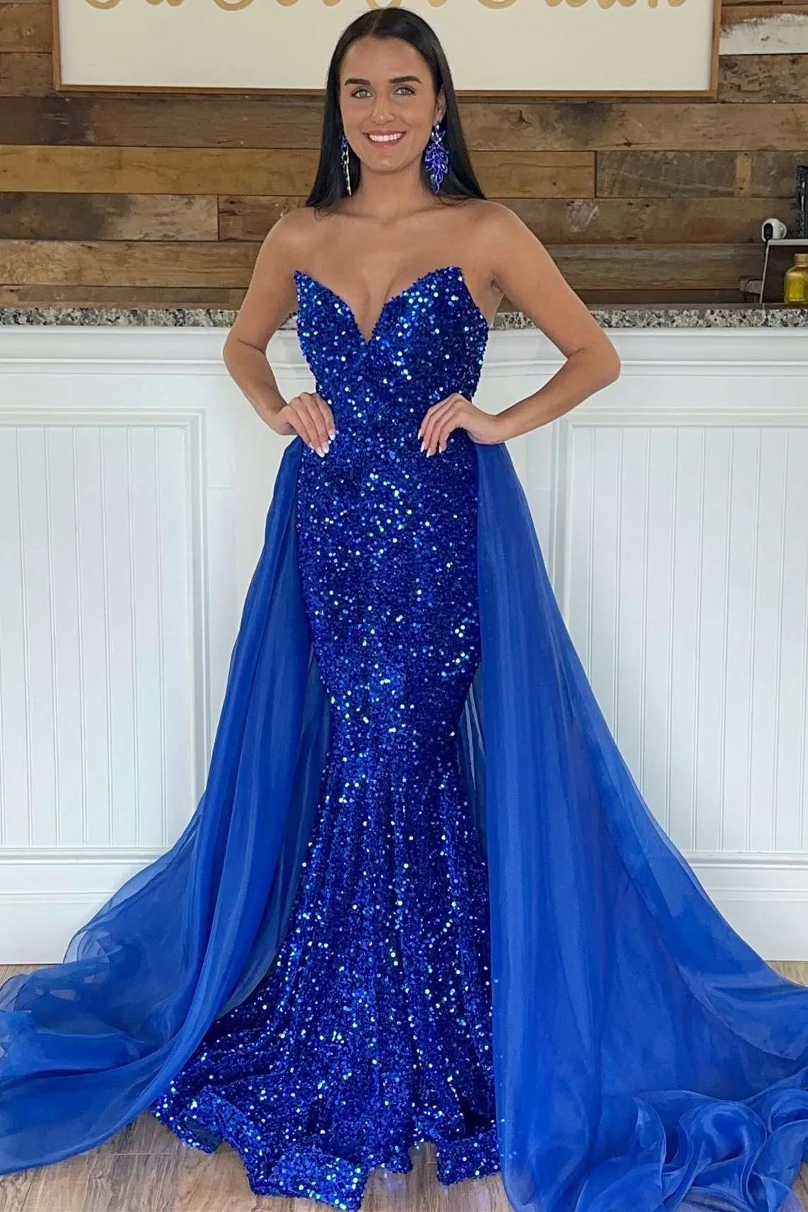Noria | Blue Sequin Strapless Mermaid Long Pageant Dress sold by KissProm