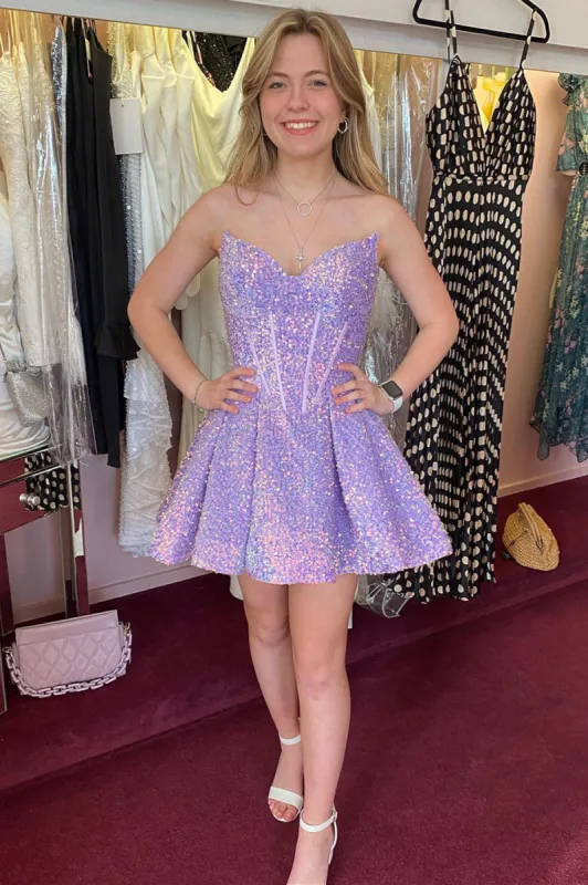 Strapless Lavender Sequins A-line Short Homecoming Dress sold by KissProm