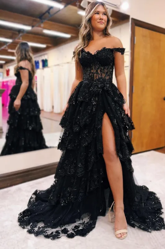 Maryann | Periwinkle Tulle Appliques Off-the-Shoulder Ruffle Long Prom Dress sold by KissProm