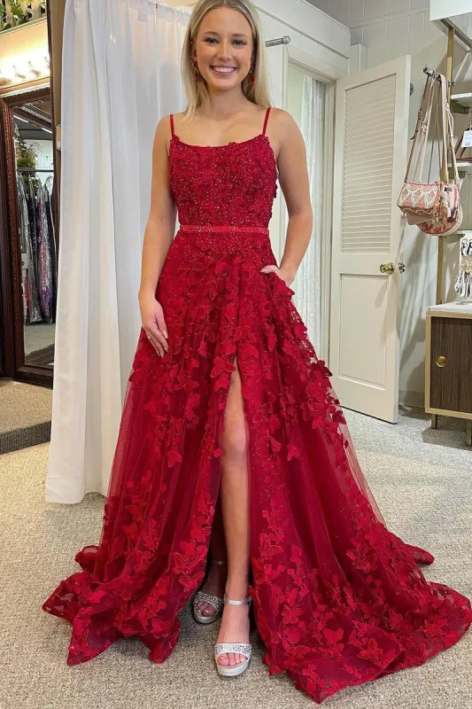 Shana | Cute A Line Scoop Neck Red Lace Prom Dresses with Beading sold by KissProm