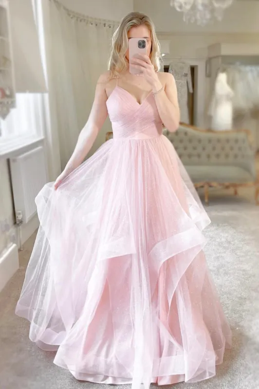 Erin | Pink Tulle Long A-Line Prom Dress Pink V-Neck Graduation Dress sold by KissProm
