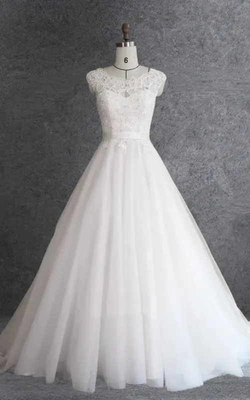 Ball Gown Cap Sleeve Lace Satin Dress With Beading Appliques Illusion sold by KissProm