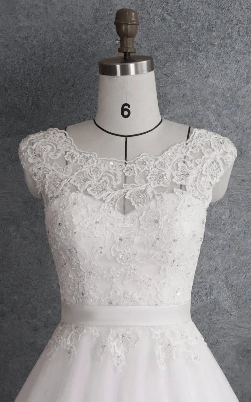 Ball Gown Cap Sleeve Lace Satin Dress With Beading Appliques Illusion sold by KissProm product image thumbnail 3