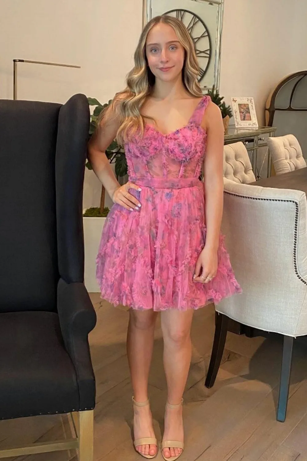 Ailova | Fuchsia Floral Printed Spaghetti Straps A-Line Short Homecoming Dress sold by KissProm
