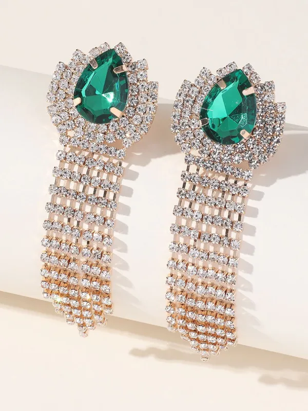 Green Teardrop Rhinestones Tassel Long Earrings sold by KissProm