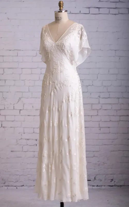 Vintage Graceful Floral V-neck V-back Side Button Decorated Lace Wedding Dress With Butterfly Sleeves sold by KissProm