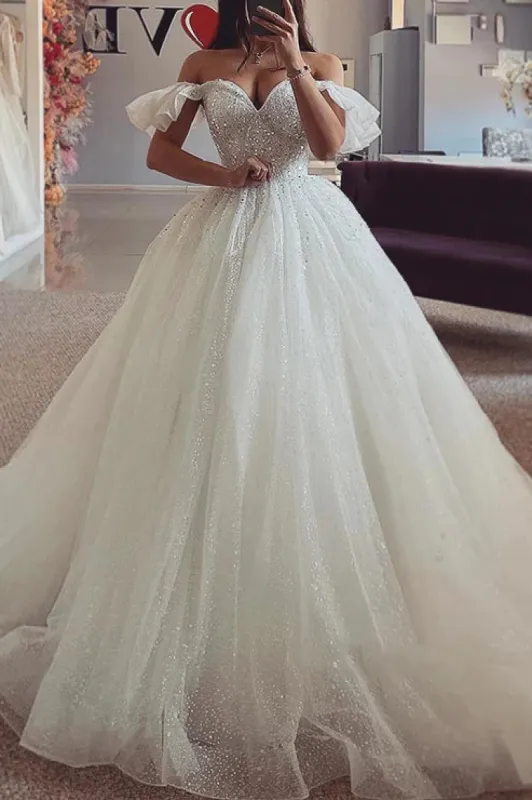 Off-Shoulder Glitter Tulle A-Line Sequined Beaded With Train Wedding Dress sold by KissProm