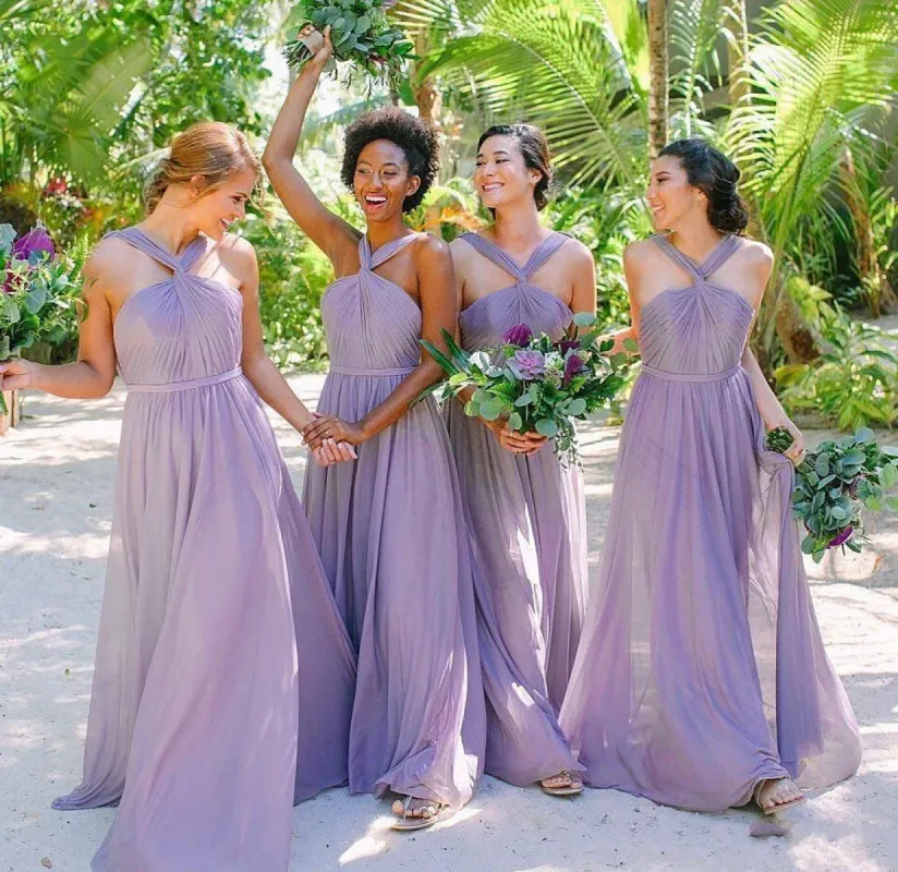A Line Lavender Chiffon Pleats Long Bridesmaid Dresses sold by KissProm