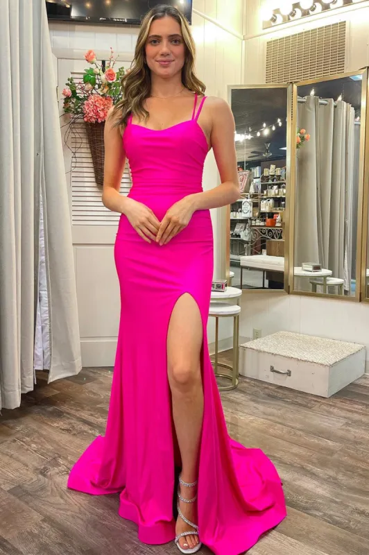 Hot Pink Scoop Neck Lace-Up Trumpet Long Formal Dress sold by KissProm