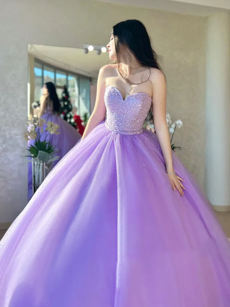 Lilac Tulle Ball Gown Beaded Long Prom Quinceanera Dresses sold by KissProm product image thumbnail 2