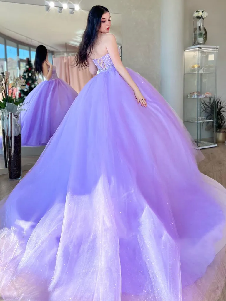Lilac Tulle Ball Gown Beaded Long Prom Quinceanera Dresses sold by KissProm product image thumbnail 3