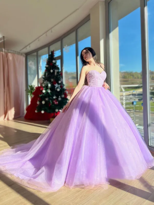 Lilac Tulle Ball Gown Beaded Long Prom Quinceanera Dresses sold by KissProm