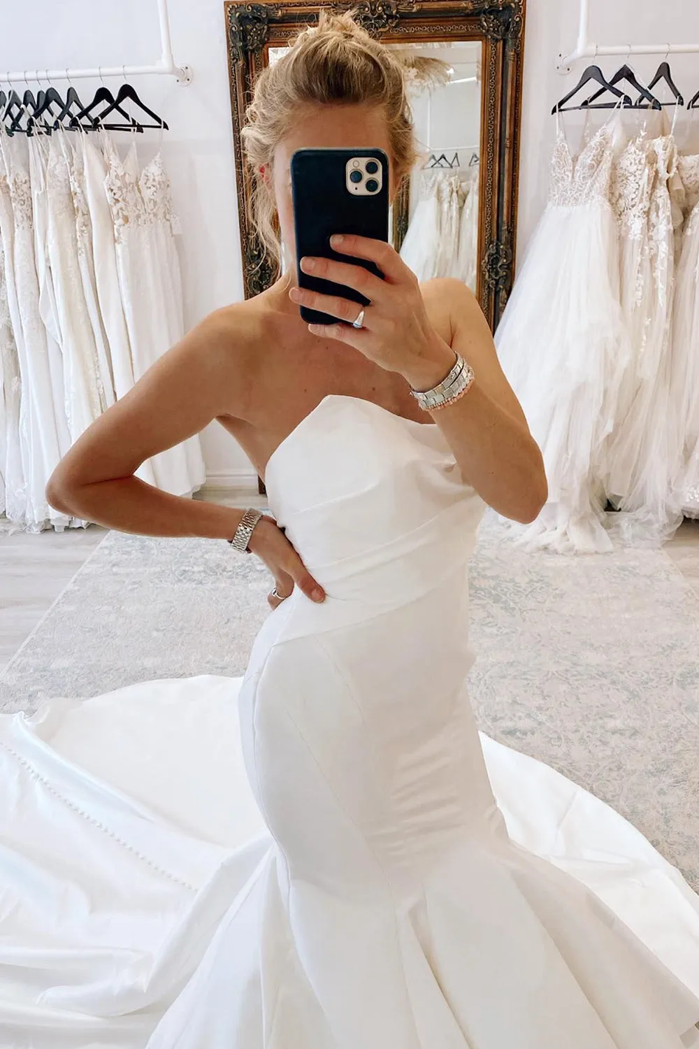 Halo | White Strapless Satin Long Mermaid Wedding Dress sold by KissProm product image thumbnail 3