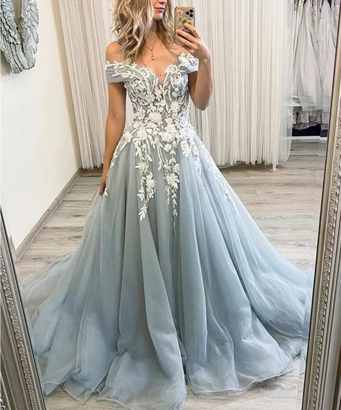 Maci | A-Line Tulle Applique Off-the-Shoulder Sleeveless Sweep/Brush Train Dresses sold by KissProm