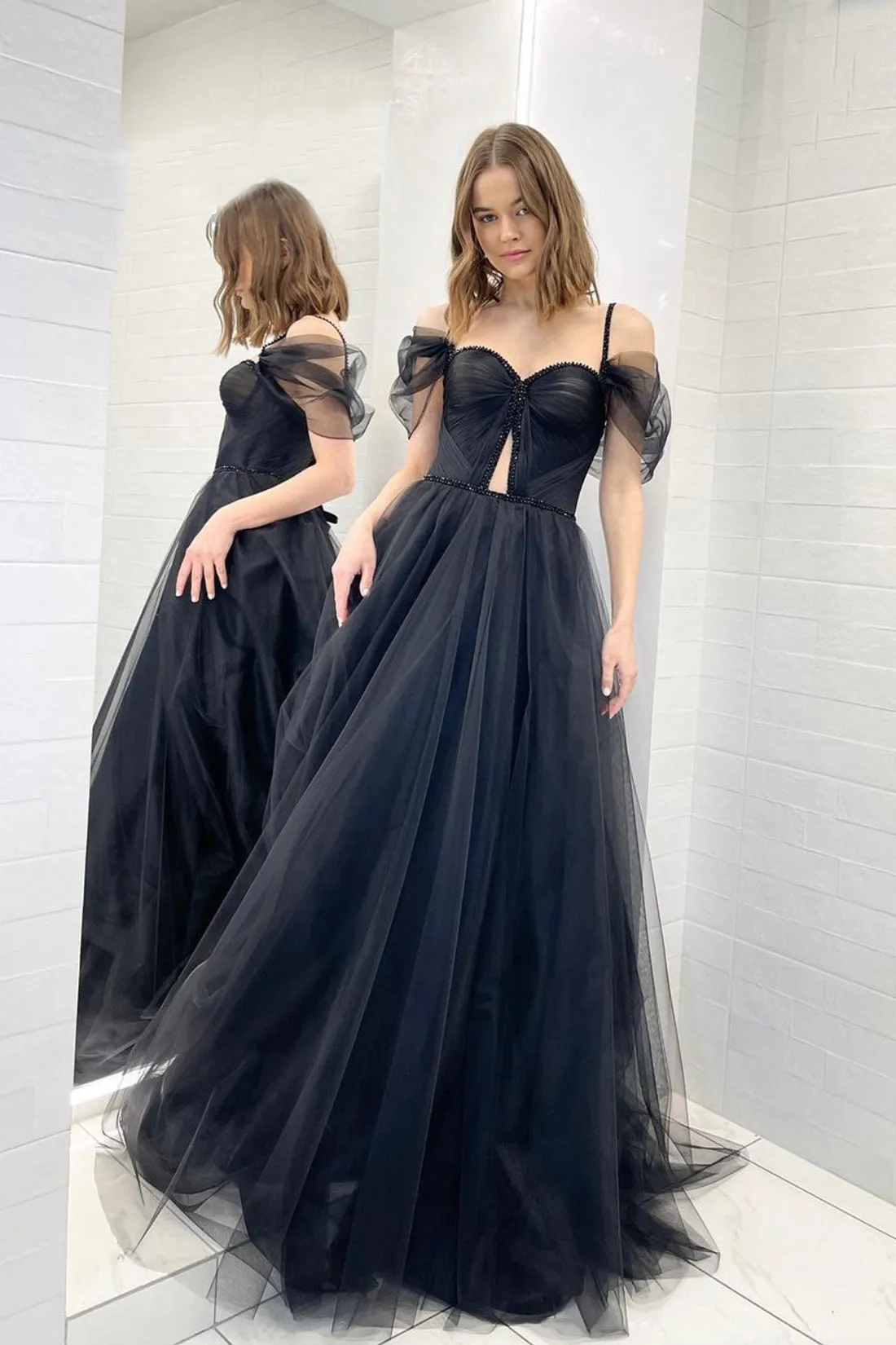 Romina | Black Tulle Sweetheart Floor Length Prom Dress, Black Tulle Off Shoulder Evening Dress sold by KissProm