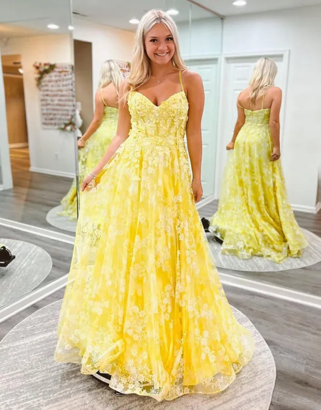 Ellis | Cute Yellow A-Line Spaghetti Straps Long Prom Dress With Appliques sold by KissProm