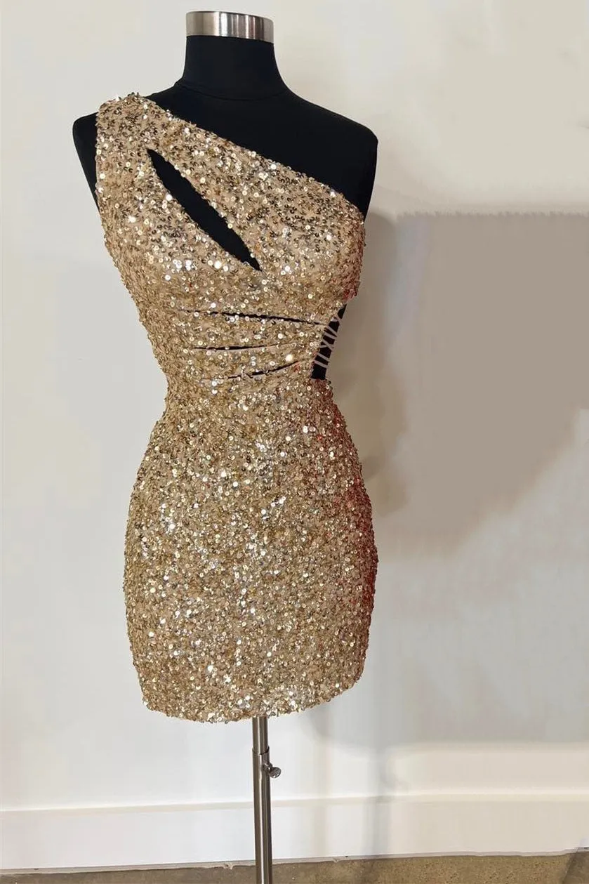 Frankie | Gold One Shoulder Cutout Sequin Tight Mini Party Dresses sold by KissProm product image thumbnail 4