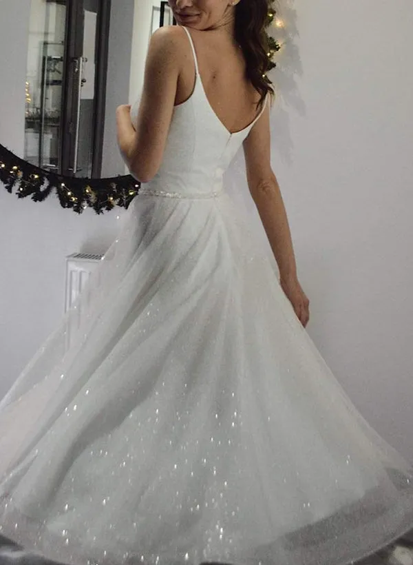 Shiny A-Line V-Neck Sleeveless Little White Sequined Wedding Dresses sold by KissProm product image thumbnail 2