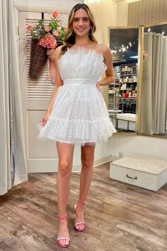 A-Line White Polka Dot Strapless Ruffle Short Homecoming Dress sold by KissProm