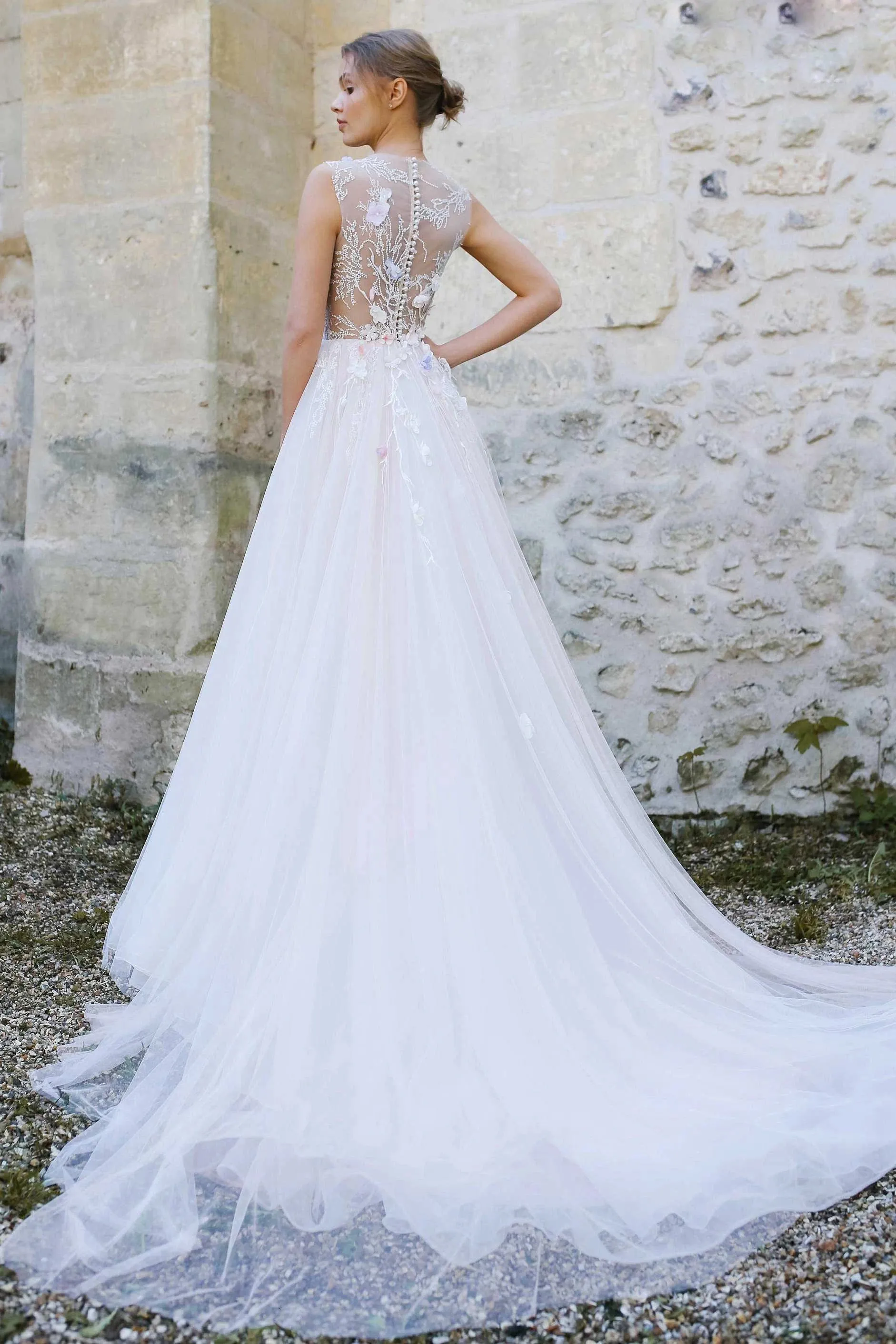 Jewel-Neck Sleeveless A-Line Tulle Pleated Dress With Appliques And Illusion sold by KissProm product image thumbnail 2