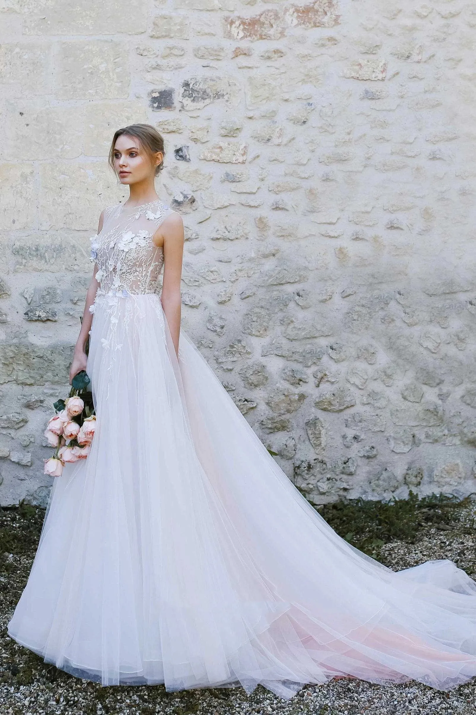 Jewel-Neck Sleeveless A-Line Tulle Pleated Dress With Appliques And Illusion sold by KissProm