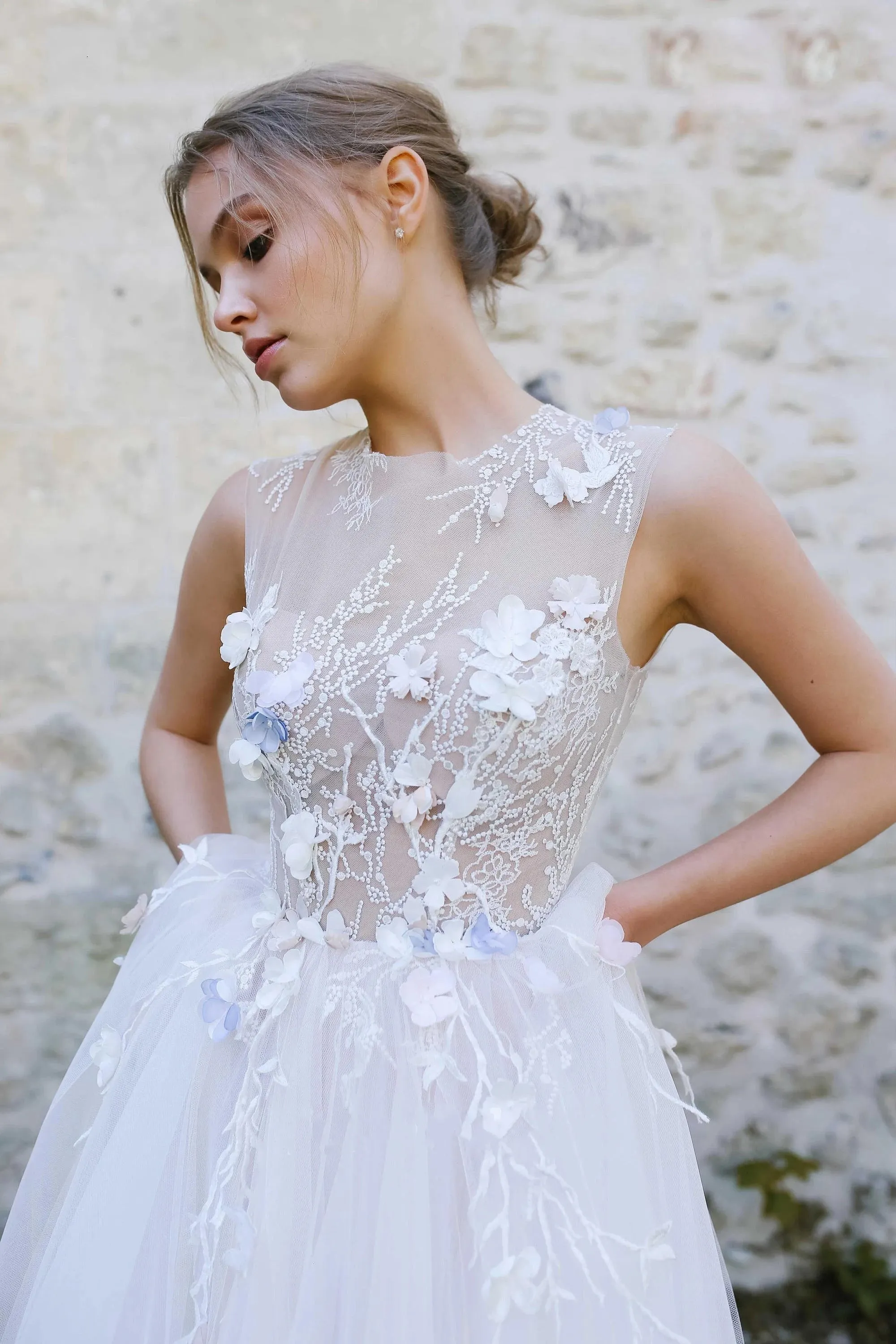 Jewel-Neck Sleeveless A-Line Tulle Pleated Dress With Appliques And Illusion sold by KissProm product image thumbnail 3