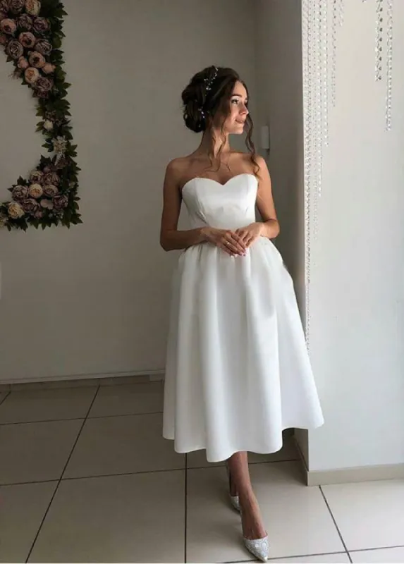 Short Satin Sweetheart Tea-length Bridal Dress for Casual Wedding sold by KissProm
