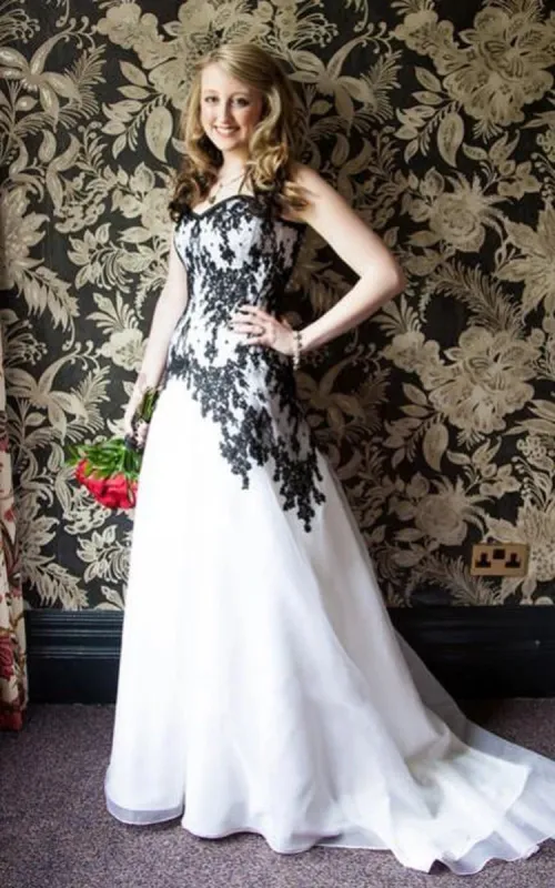 Vintage Modest Boho Black and White Wedding Dress Simple A-Line Lace Country Garden Bride Gown sold by KissProm