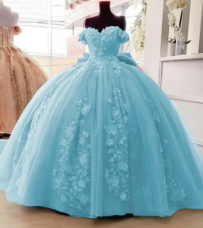 Freya | Off Shoulder 3D Floral Applique Quinceanera Dresses sold by KissProm