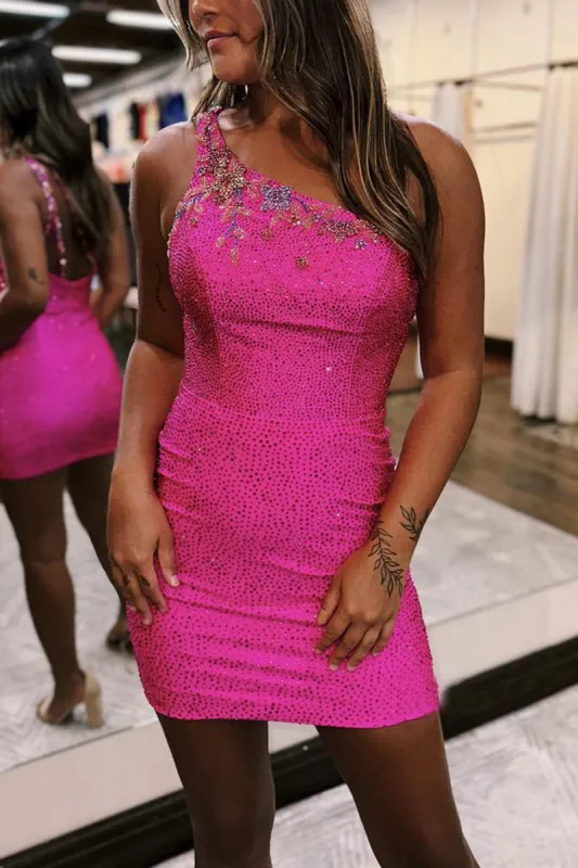 Fitted One Shoulder Appliques Beaded Sexy Homecoming Dress sold by KissProm