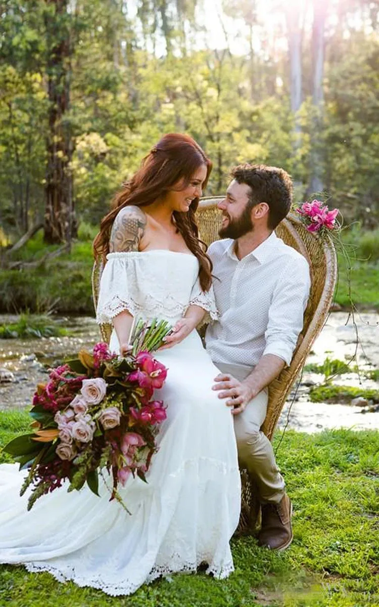 Short Sleeve Lace Boat Neck Appliques Court Train Bohemian Wedding Dress sold by KissProm