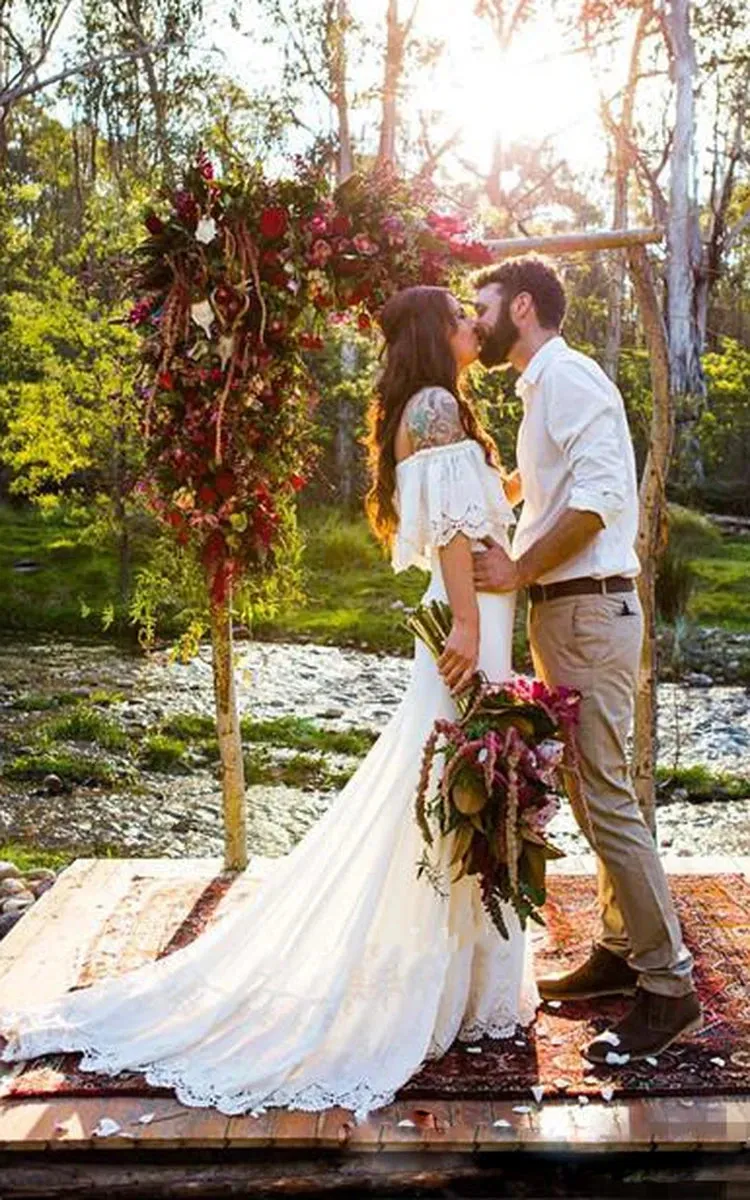 Short Sleeve Lace Boat Neck Appliques Court Train Bohemian Wedding Dress sold by KissProm product image thumbnail 3