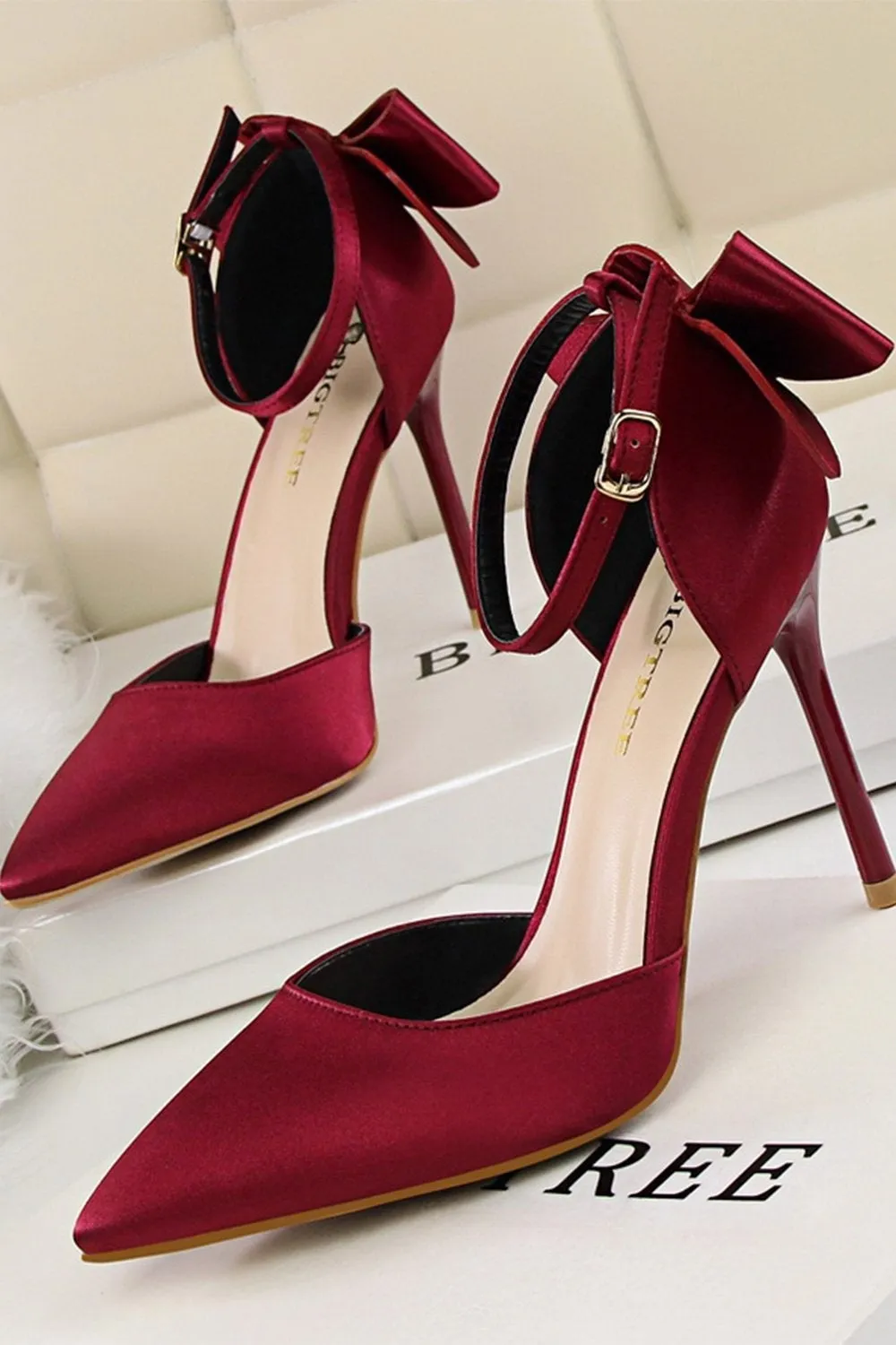 Burgundy Satin Prom Heels with Bowknot sold by KissProm product image thumbnail 3