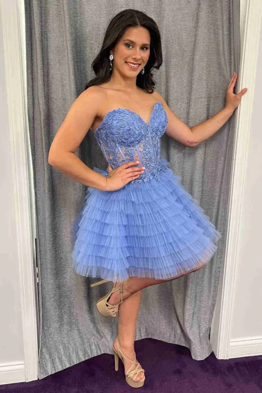 Dorella | Sweetheart Periwinkle Corset Ruffle Homecoming Dress with Appliques sold by KissProm