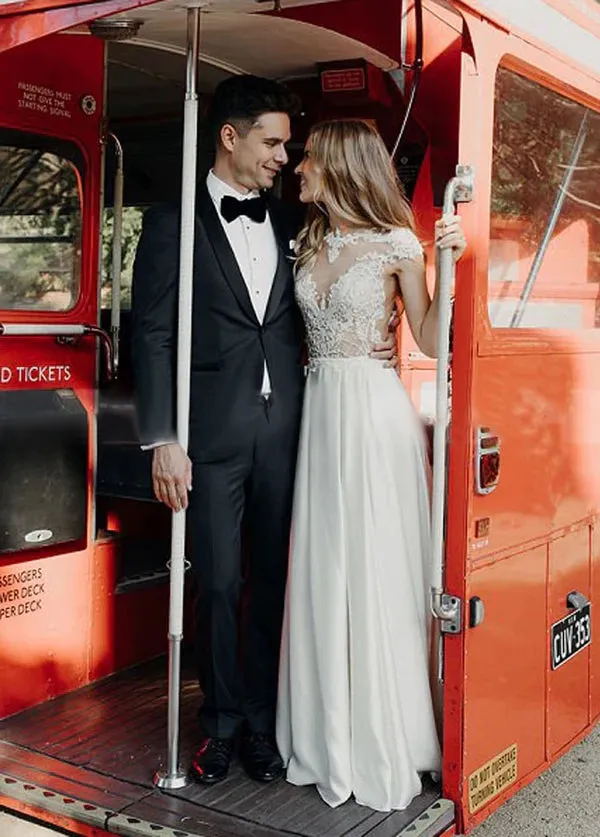 A-Line Cap Sleeve Long Backless Wedding Dresses with Appliques sold by KissProm product image thumbnail 3