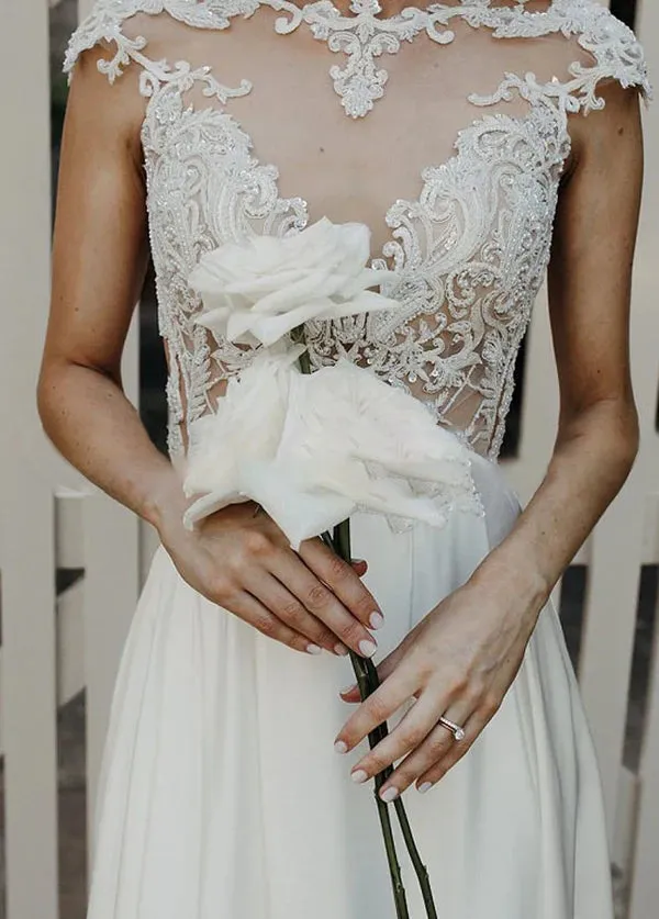 A-Line Cap Sleeve Long Backless Wedding Dresses with Appliques sold by KissProm product image thumbnail 4