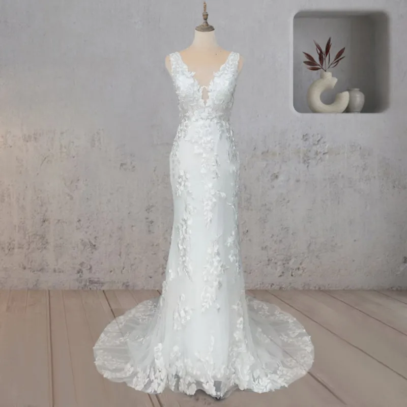 Mermaid Lace Illusion V Neck Sleeveless Backless Wedding Dress sold by KissProm