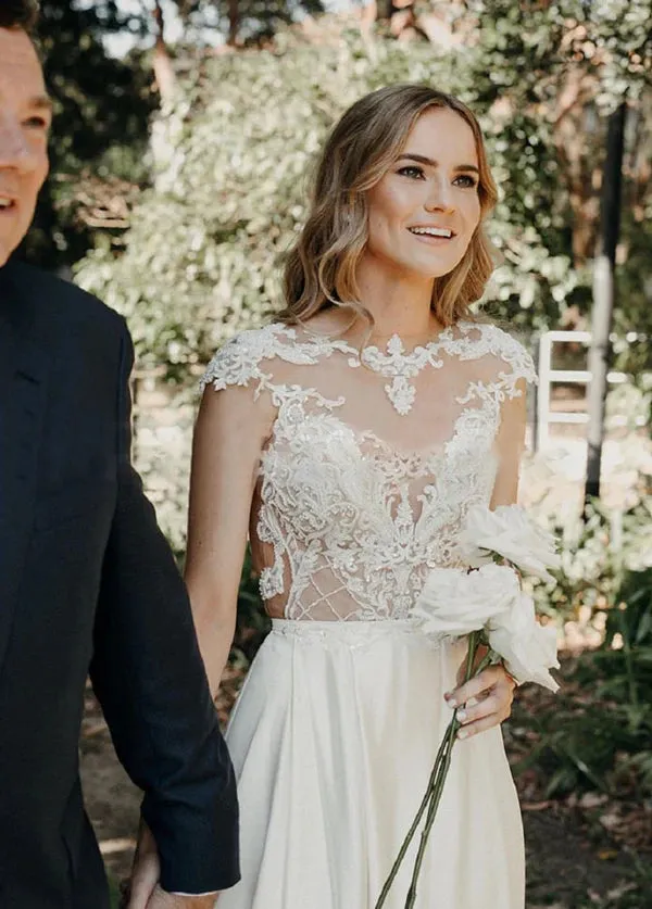 A-Line Cap Sleeve Long Backless Wedding Dresses with Appliques sold by KissProm product image thumbnail 5