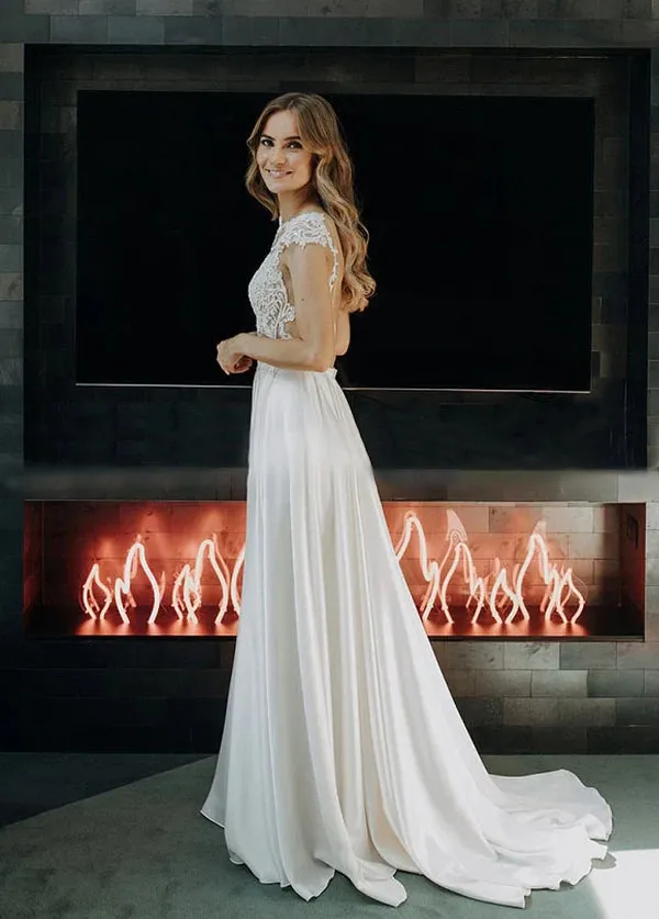 A-Line Cap Sleeve Long Backless Wedding Dresses with Appliques sold by KissProm product image thumbnail 2