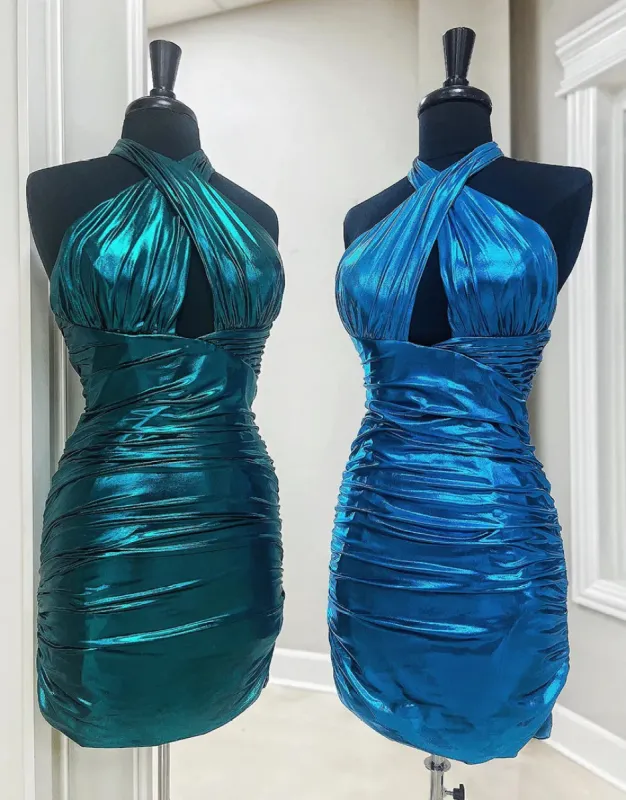 Metallic Emerald Green Halter Tight Satin Homecoming Dress sold by KissProm