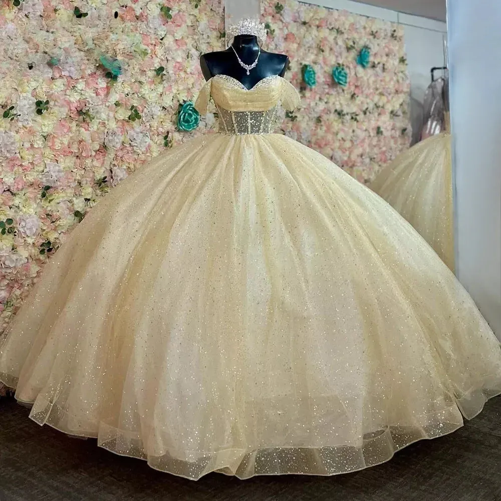 Yellow Ball Gown Tulle Off-the-Shoulder Quincenara Dresses sold by KissProm product image thumbnail 4