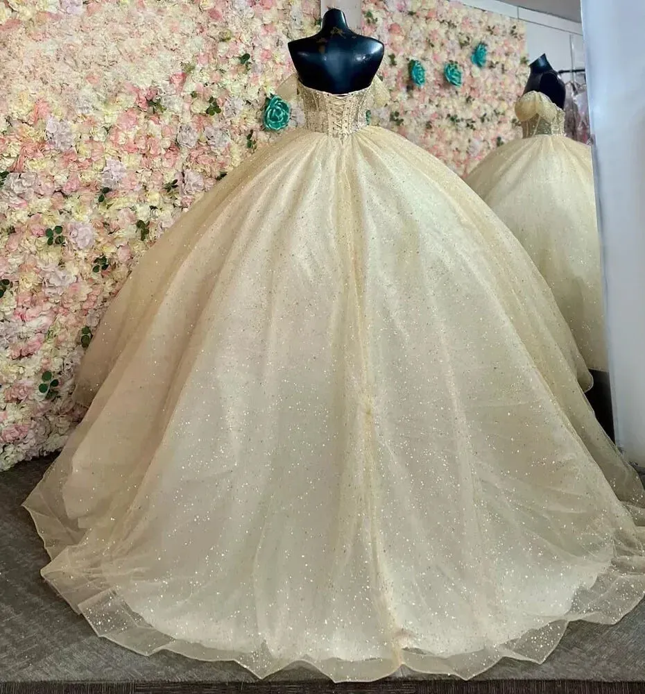 Yellow Ball Gown Tulle Off-the-Shoulder Quincenara Dresses sold by KissProm product image thumbnail 3