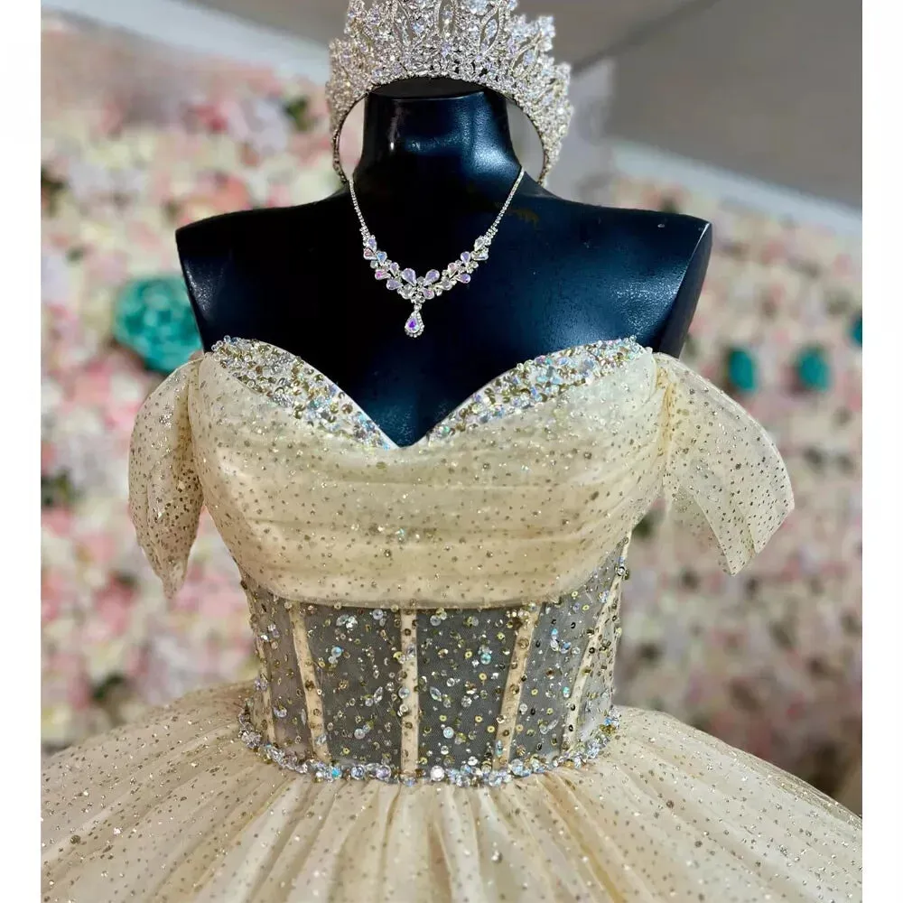 Yellow Ball Gown Tulle Off-the-Shoulder Quincenara Dresses sold by KissProm product image thumbnail 2