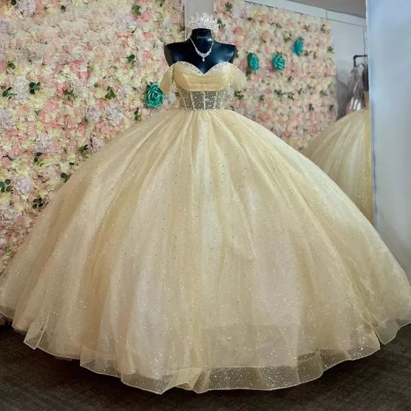 Yellow Ball Gown Tulle Off-the-Shoulder Quincenara Dresses sold by KissProm