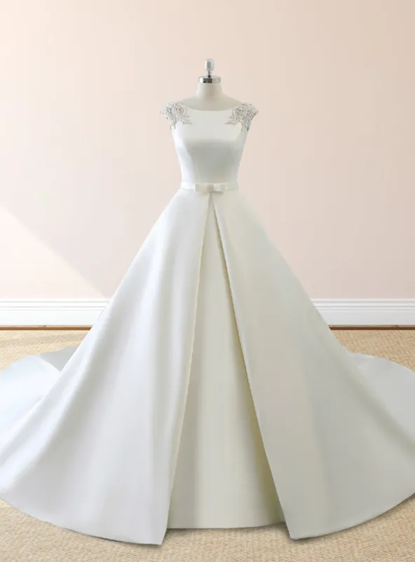 White Satin Cap Sleeve Lace-Up Wedding Dress With Pearls sold by KissProm