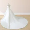 White Satin Cap Sleeve Lace-Up Wedding Dress With Pearls sold by KissProm
